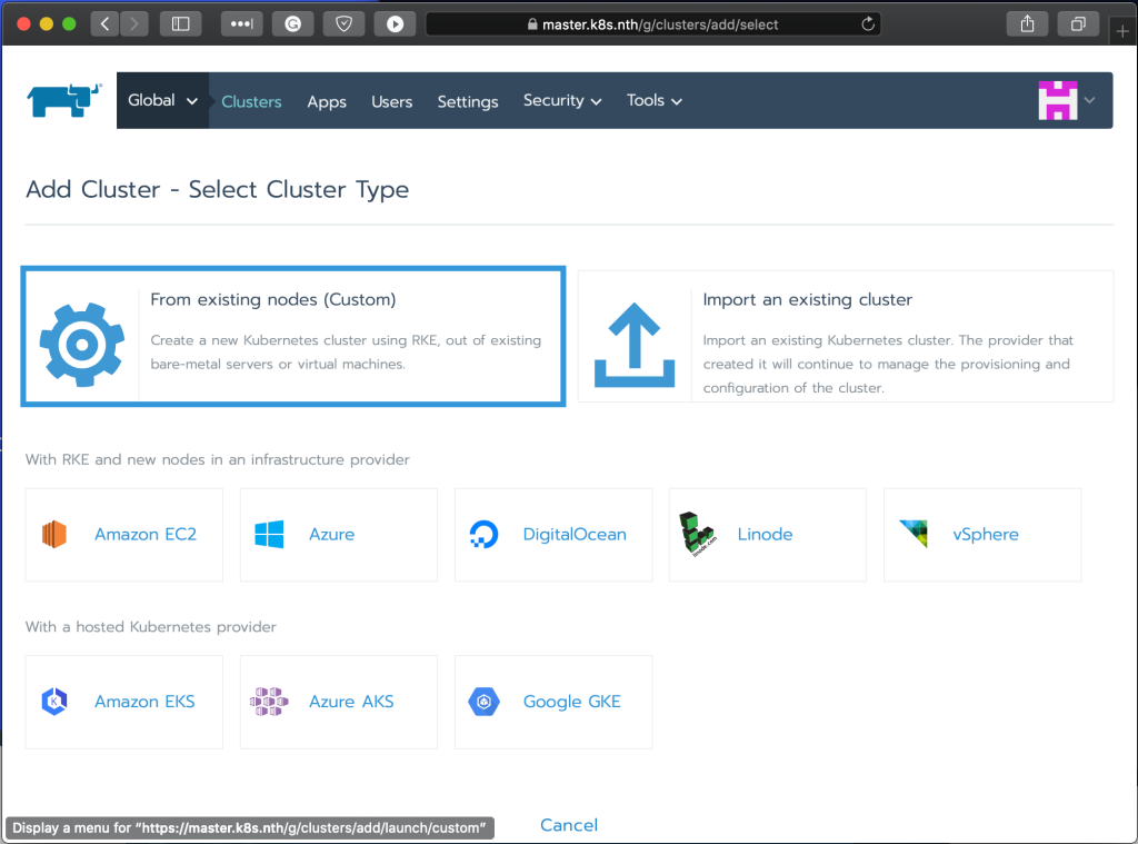 Select From existing nodes on upper left corner